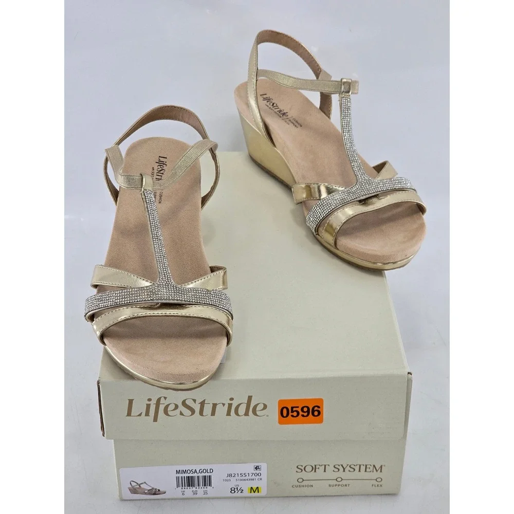 LifeStride Mimosa Sandals Womens 8.5 Gold Rhinestone Wedge Dress Shoes - New